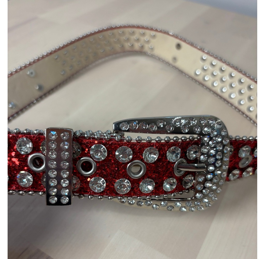 Red Glitter Rhinestone Skull Belt Western Y2K Crystal Embellished Silver Tone
